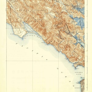 May include: A vintage map of the Tomales Bay and Bolinas Bay area in California. The map shows the coastline, rivers, and surrounding terrain. The map is printed in brown, blue, and black ink on a cream-colored background.