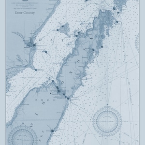 Door County Chart 1917 (Azul) - Impressão de Carta Náutica