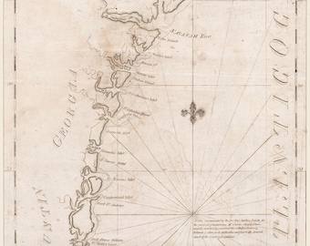 May include: A vintage map of the coast of America from St. Hellens Sound to St. Johns River. The map is printed on aged paper and features a compass rose and detailed coastline.