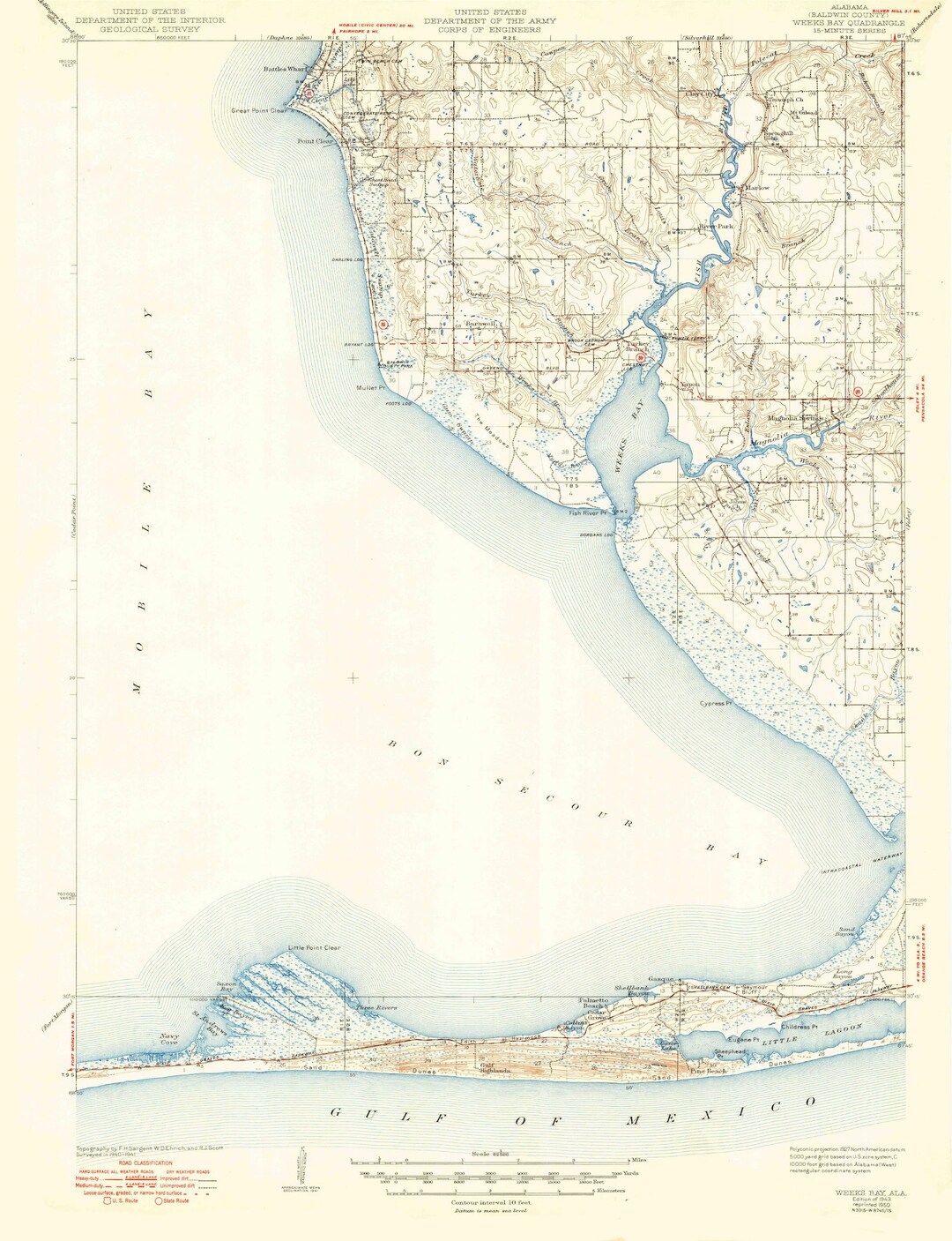 Weeks Bay (AL) Map 1943 Nautical Chart Print Etsy