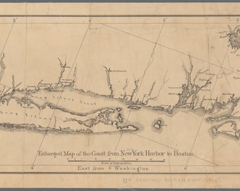 May include: A black and white map of the coast from New York Harbour to Boston, with the text "Enlarged Map of the Const from New York Harbour to Boston. East from 5 Washington" at the bottom.