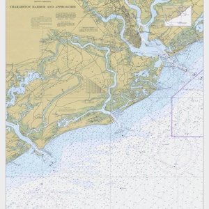 Carte de Charleston, Folly et Kiawah - Carte de la Caroline du Sud 1977 - Impression de carte marine