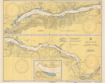 May include: A vintage nautical chart of the Columbia River from Bonneville to The Dalles, Oregon and Washington. The chart is printed on yellow paper with blue lines and text. The chart includes a compass rose, depth soundings, and other navigational information.