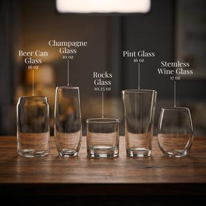 five different types of glassware, including a champagne glass, a beer glass, a pint glass, a rocks glass, and a stemless wine glass, each with a specific size indicated.