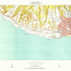 May include: A vintage topographic map of Santa Cruz, California, showing the city's layout, streets, and surrounding terrain. The map features a color scheme of green, brown, and red, with blue lines representing waterways. The map's title is "SANTA CRUZ QUADRANGLE, CALIFORNIA" and includes the text "UNITED STATES DEPARTMENT OF THE INTERIOR GEOLOGICAL SURVEY".
