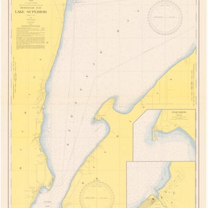 May include: A vintage nautical chart of Keweenaw Bay, Lake Superior, showing the coastline, islands, and waterways. The chart is printed on yellowed paper with blue lines and text. The chart includes a compass rose and a scale bar.