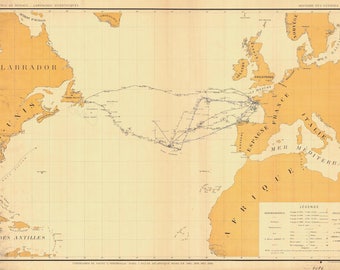 May include: A vintage map of the Atlantic Ocean showing shipping routes between North America and Europe. The map is printed on a cream-colored background with brown lines and text. The map is titled "Atlas de Prince de Monaco - Campagnes Scientifiques."