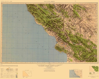 San Luis Obispo California Topographic Map - 1947 - Nautical Chart Print