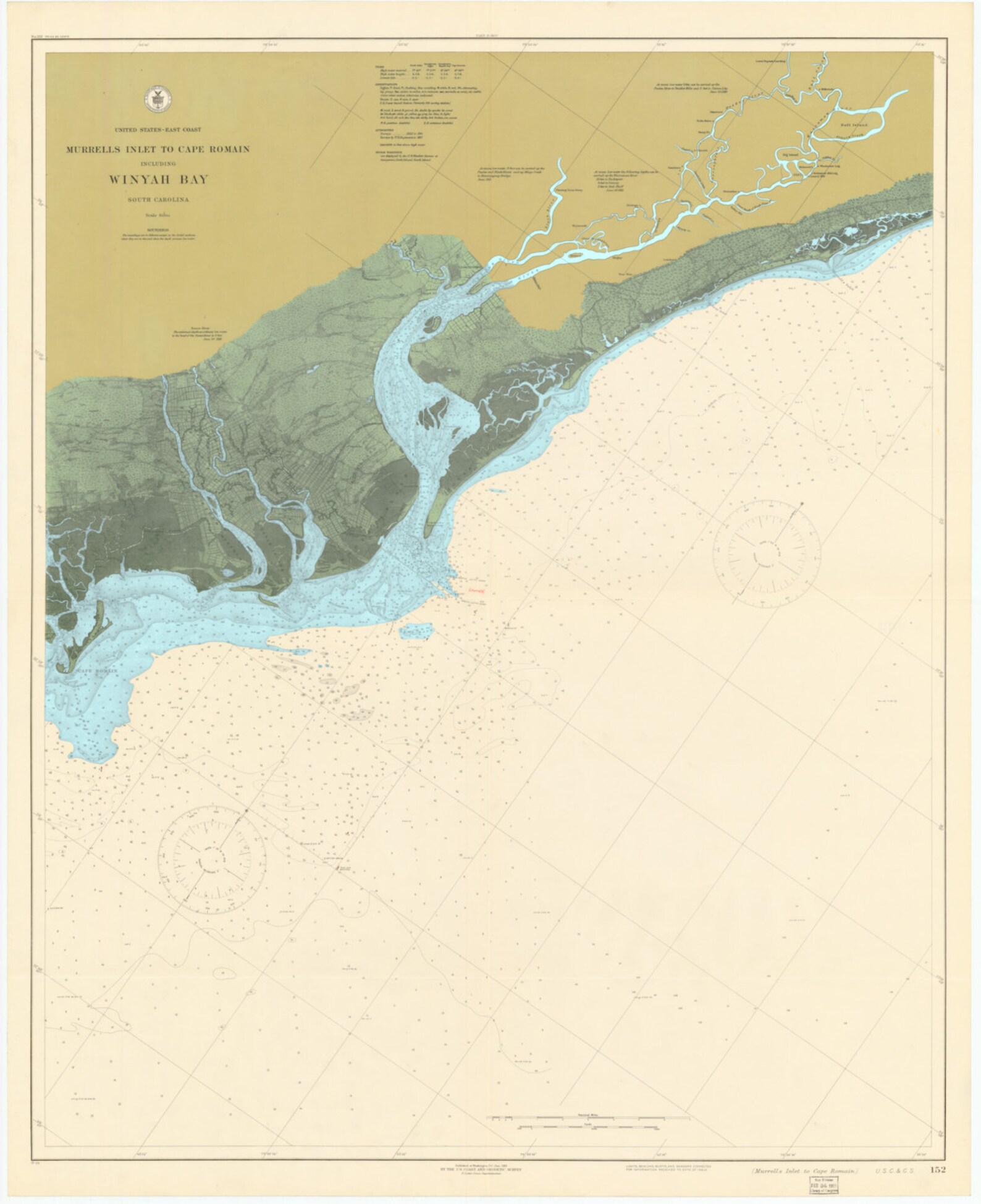Winyah Bay Map - Murrell's Inlet to Cape Romain 1919 (colored ...