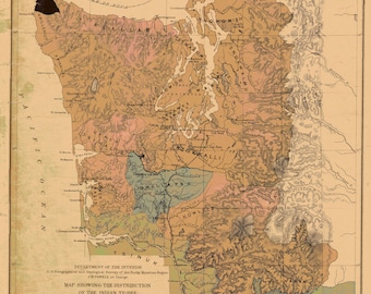Carte du territoire de Washington - Tribus amérindiennes 1876
