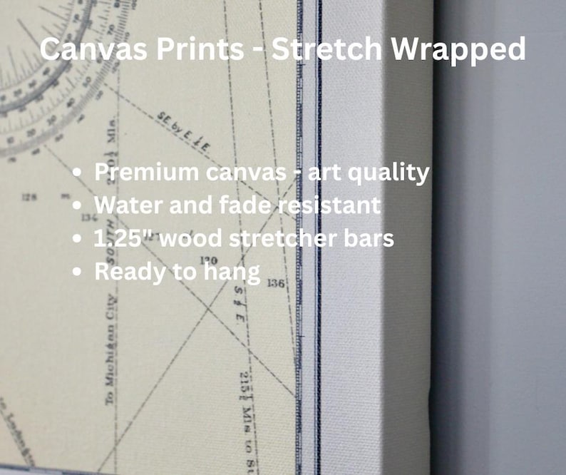 The image is a canvas print that has been stretched and is ready to hang. It features a map or compass with various lines and markings, and it is described as a premium canvas with art quality, water and fade resistant, and 1.25" wood stretcher bars.