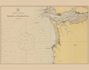 May include: A vintage nautical chart showing the area from Seaside to the Columbia River, with detailed coastlines, depth soundings, and navigational markers. The chart includes a compass rose and text indicating the location in Oregon and Washington.