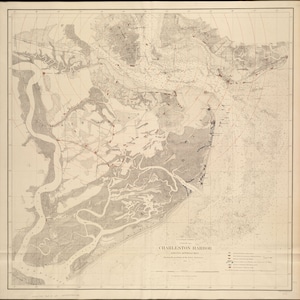 Mapa del puerto y accesos de Charleston 1863 - Posiciones de las baterías rebeldes (cuadrado) - Impresión de cartas náuticas