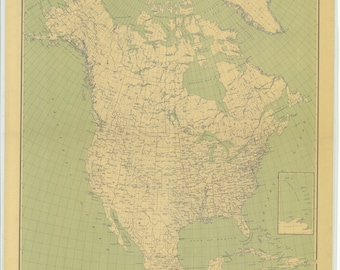 May include: A vintage map of North America, printed on a light green background with a grid pattern. The map shows the major cities, rivers, and mountains of the continent. The map is titled "Map of North America" and is dated 1919.