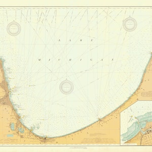 Lake Michigan - Südende Historische Karte 1913 - Seekarte Druck