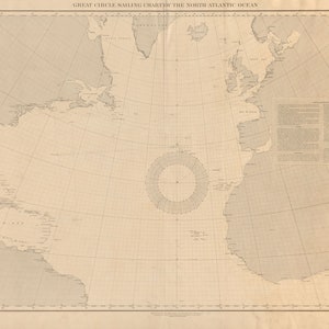 Great Circle Sailing Chart - Carte de l'océan Atlantique Nord 1888
