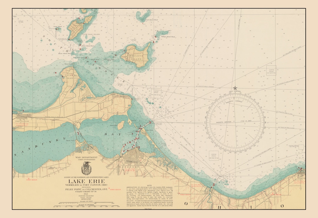 Sandusky Bay Map Lake Erie 1941 Nautical Chart Print Etsy