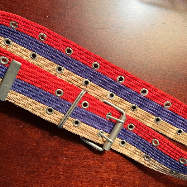 Vintage 1970s Canvas Double Grommet Hole Belt Khaki Blue Red Stripe Ladies XS - Small