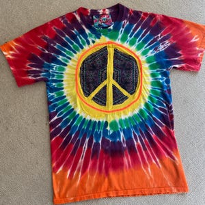 Upcycled Rainbow Tie Dye T-Shirt: Purple Paisley Peace Sign Collage
