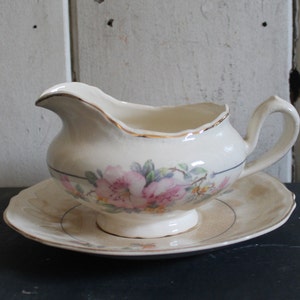 Vintage Crazed and Stained Gravy Boat and Plate