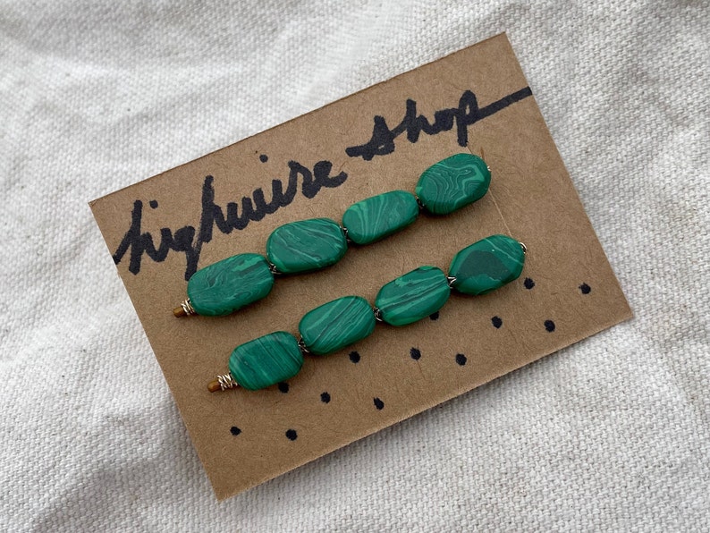 Malachite Cabochon Beaded Bobby Pins