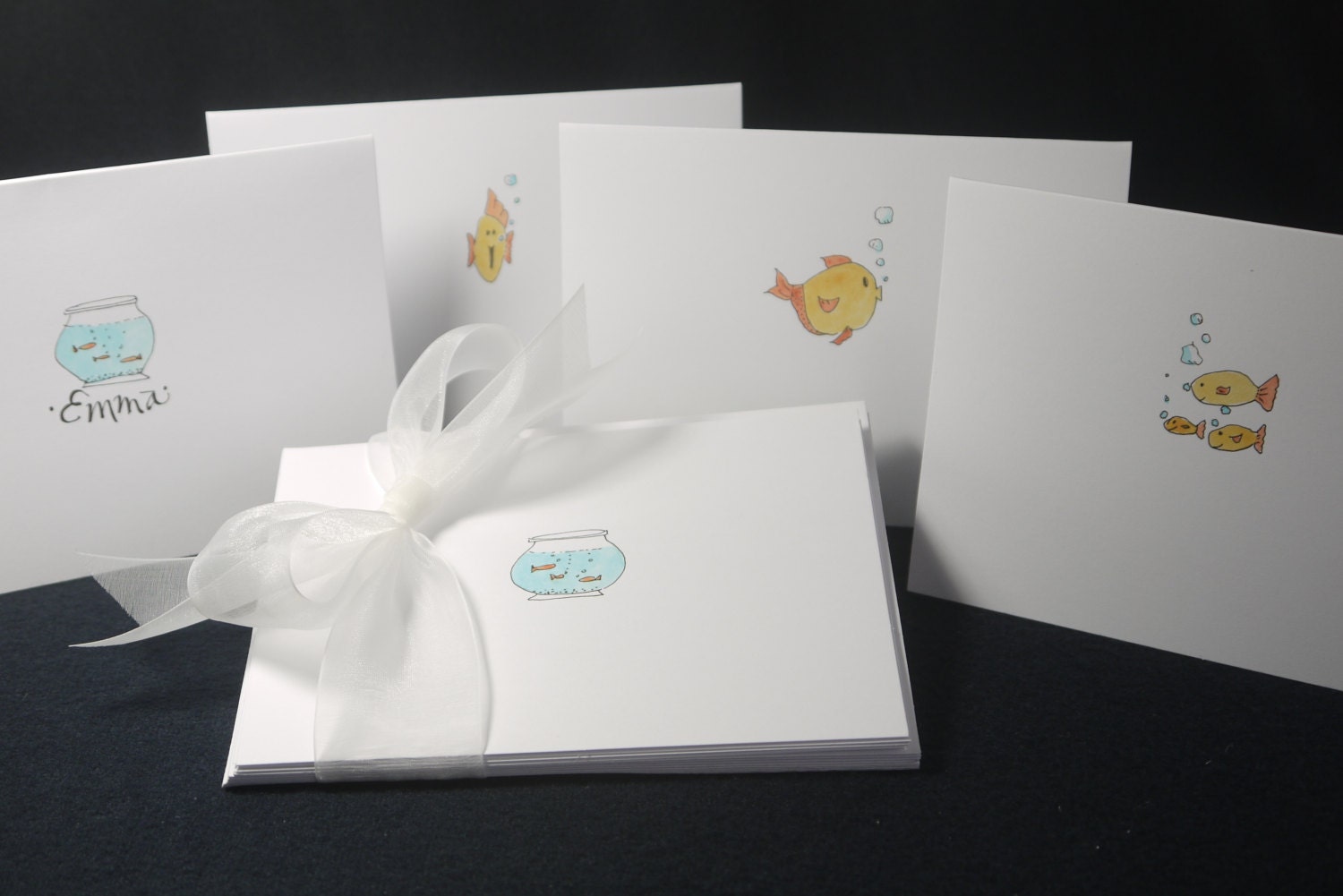 Goldfish Themed - Note Cards - Hand-drawn and Personalized Folded White ...