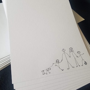 Strichmännchen-Familie - Grußkarten - Handgezeichnete und personalisierte flache weiße Grußkarten, 14 x 21 cm mit Umschlägen - Dankeskarten - Blankokarten