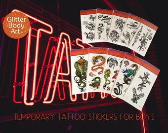 Temporary Tattoo Stickers for boys - 10 Sheets of fake tattoos Easy to apply Fake Tattoos Coloured tattoos Stocking filler Christmas Present