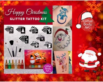 Christmas Glitter Tattoo Set for Girls and Boys Mixed Temporary Tattoos, Festive Glitter Tattoo Kit - 40 Stencils, 6 Glitters, Body Glue