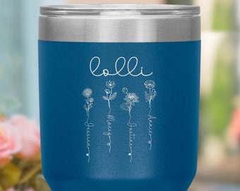 Lolli Tumbler, Custom Name Engraved Tumbler, Birth Month Flowers, Lolli Gift, Flower Print Tumbler, Gift for Lolli, from Grandkids - FAM018