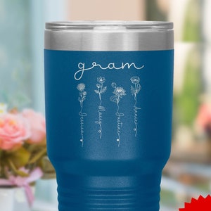 Gram Tumbler, Custom Name Engraved Tumbler, Birth Month Flowers, Gram Gifts, Personalized Wine Tumbler, Gift for Grams - FAM018