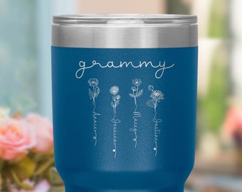 Grammy Tumbler, Custom Name Engraved Tumbler, Birth Month Flowers, Gifts for Grammy, Flower Print Tumbler, Grammy Birthday Gift - FAM018