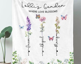 Custom Birth Month Flowers Lolli Blanket, Mothers Day Gift for Grandma's Garden Blanket With Grandkids Names - FPG015