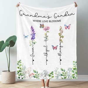 Custom Grandma&#39;s Garden Blanket, Mothers Day Gift for Grandma, Custom Birth Flower Blanket With Grandkids Names, Grandma Gift - FPG015
