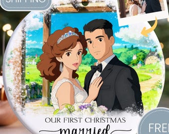 First Christmas Married Ornament, Married Photo Ornament, Newlywed Gifts, Personalized Wedding Gifts for Couple, Ghibli-Style Art - CHO077
