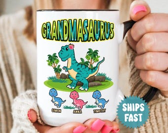 Grandma Mug, Personalized Grandmasaurus Dinosaur Gifts, Gift for Grandma, Custom Grandma Mug, Dinosaur Mug for Grandmother Gift - FAM008
