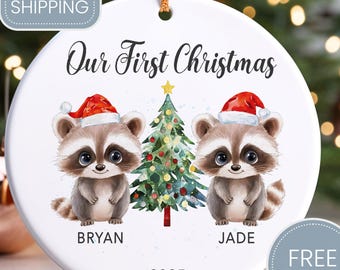 Twin First Christmas Ornament Custom Baby 1st Christmas Ornament Personalized Baby Name Keepsake, Raccoon Christmas Ornament - CHO070