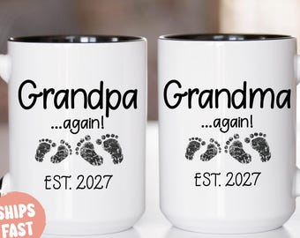 Grandpa and Grandma Again Est 2027 Mug Set, Pregnancy Reveal Mug for Grandparents - FAM003