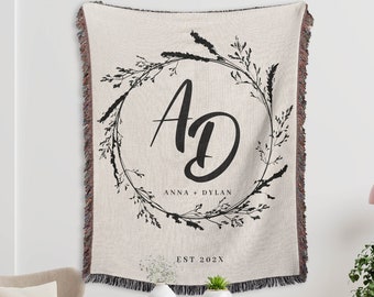 Cotton Anniversary Gift, Custom Woven Throw Blanket, Personalized Wedding Gift For Couple, Woven Wall Hanging Couples Initials - Cou035