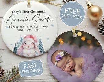 Baby First Christmas Ornament Personalized Birth Stat Ornament Custom Photo Keepsake Gift for Baby Girl Bunny Ornament Personalized -CHO070