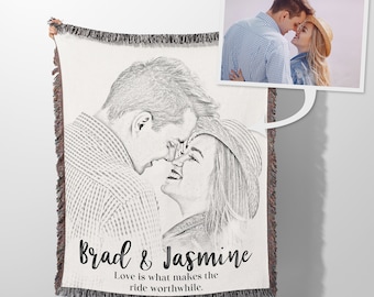 Wedding Blanket, Sketched Personalized Photo Blanket, Large Woven Throw Blanket, Couple Gift, Custom Portrait Blanket - Cou025