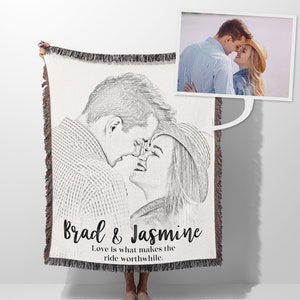 Wedding Blanket, Sketched Personalized Photo Blanket, Large Woven Throw Blanket, Couple Gift, Custom Portrait Blanket - Cou025