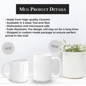 May include: Two white ceramic mugs, one 11oz and one 15oz, are displayed. The mugs have a simple, clean design with a curved handle. The image includes text that reads "Mug Product Details".