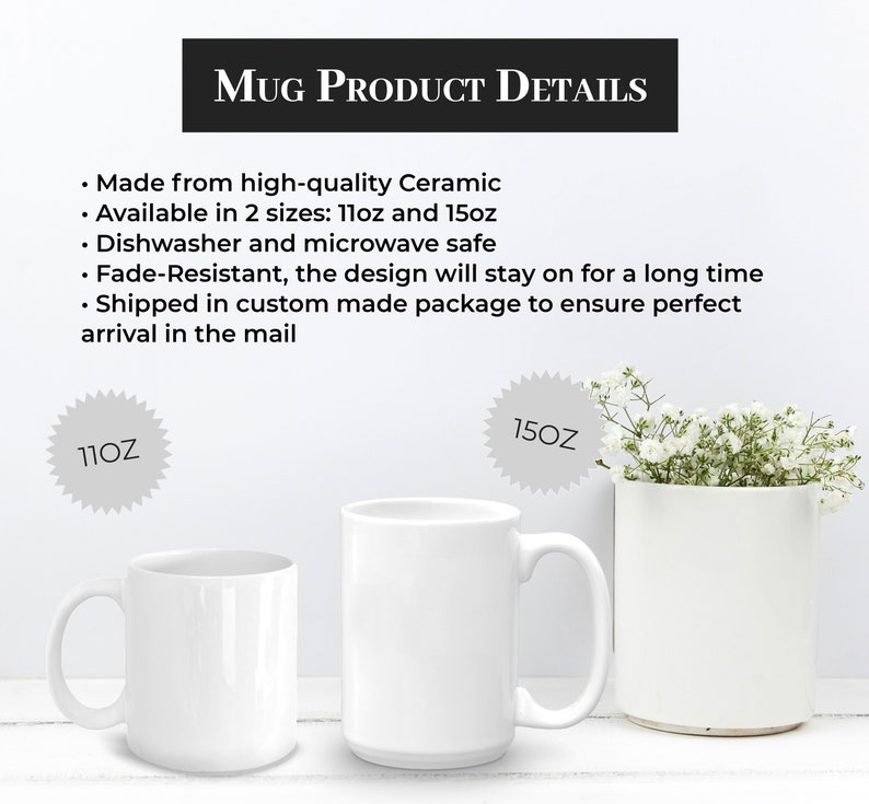 May include: Two white ceramic mugs, one 11oz and one 15oz, are displayed. The mugs have a simple, clean design with a curved handle. The image includes text that reads "Mug Product Details".