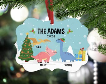 Family Christmas Dinosaur Ornament, Personalized Ornaments Christmas Decor, Pterodactyl Stegosaurus Triceratops Trex Ornament - CHO050