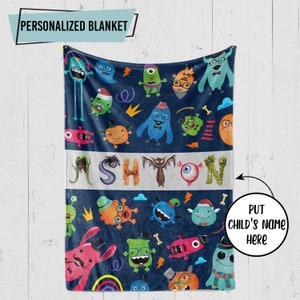 Personalized Kids Monster Blanket, Monster Custom Name Blanket, Kids Blanket with Name, Gift for Kids, Happy Monsters Print - FAM024