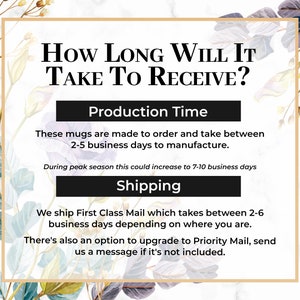 May include: A graphic with text that reads "How Long Will It Take To Receive?" followed by information about production and shipping times. The text is set against a floral background.