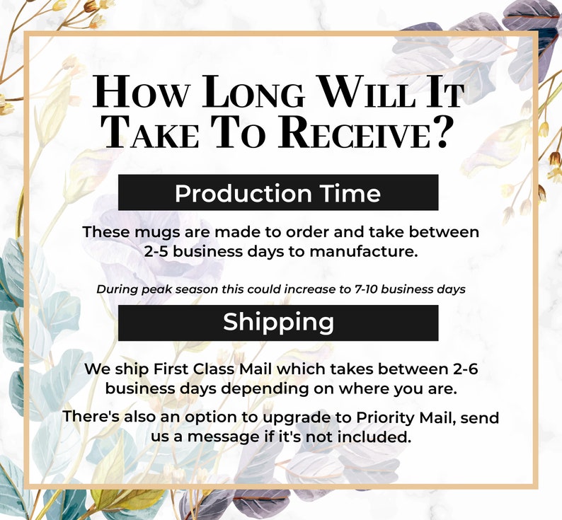 May include: A graphic with text that reads "How Long Will It Take To Receive?" followed by information about production and shipping times. The text is set against a floral background.