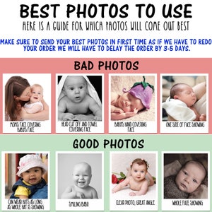 May include: A guide titled "BEST PHOTOS TO USE" with examples of good and bad baby photos. The text advises on photo quality for optimal results, including examples of what to avoid, such as obscured faces, and what to aim for, like clear, full-face shots.