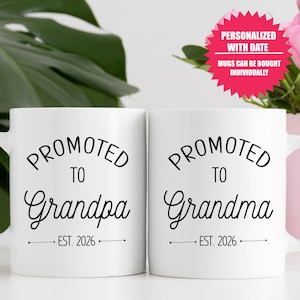 Promoted to Grandma and Grandpa EST 2026 Gifts for pregnancy announcement, Personalized grandparents Mug with year - FAM002